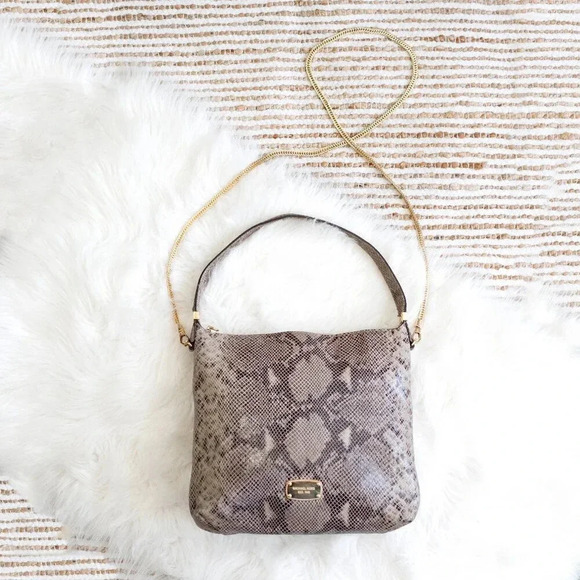 MICHAEL KORS BEDFORD DARK SAND EMBOSSED LEATHER SNAKESKIN HOBO BAG - Picture 1 of 13